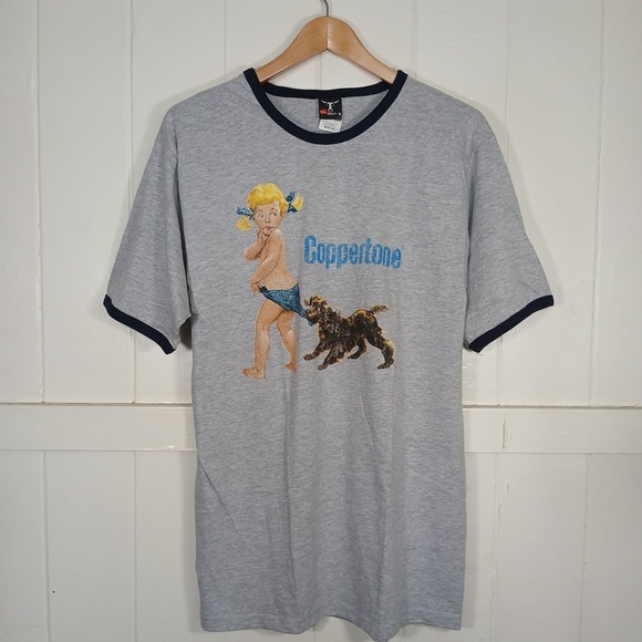 Hanes Other - Coppertone T-Shirt Mens Medium Gray Ringer Graphic Hanes Beefy-T Y2K Retro